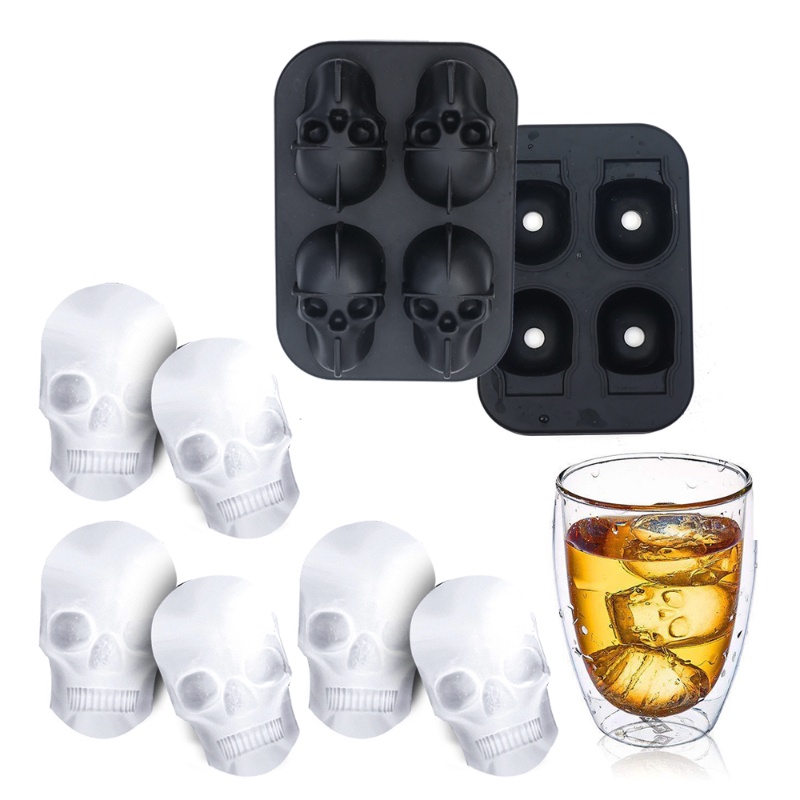 1pc 4rongga Tengkorak Es Batu Tray 3D Silikon DIY Membuat Es Cetakan Whiskey Beer Ice Freezing Cetakan Dapur Bar Aksesoris