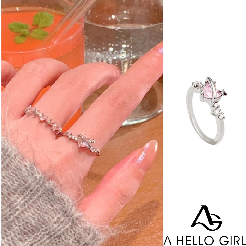 Ahellogirl Jepang Manis Merah Muda Zirkonium Cinta Cincin Perempuan Cahaya Mewah Desain Niche Fashion Kepribadian Cincin Jari Telunjuk Cincin Mahasiswa Pacar