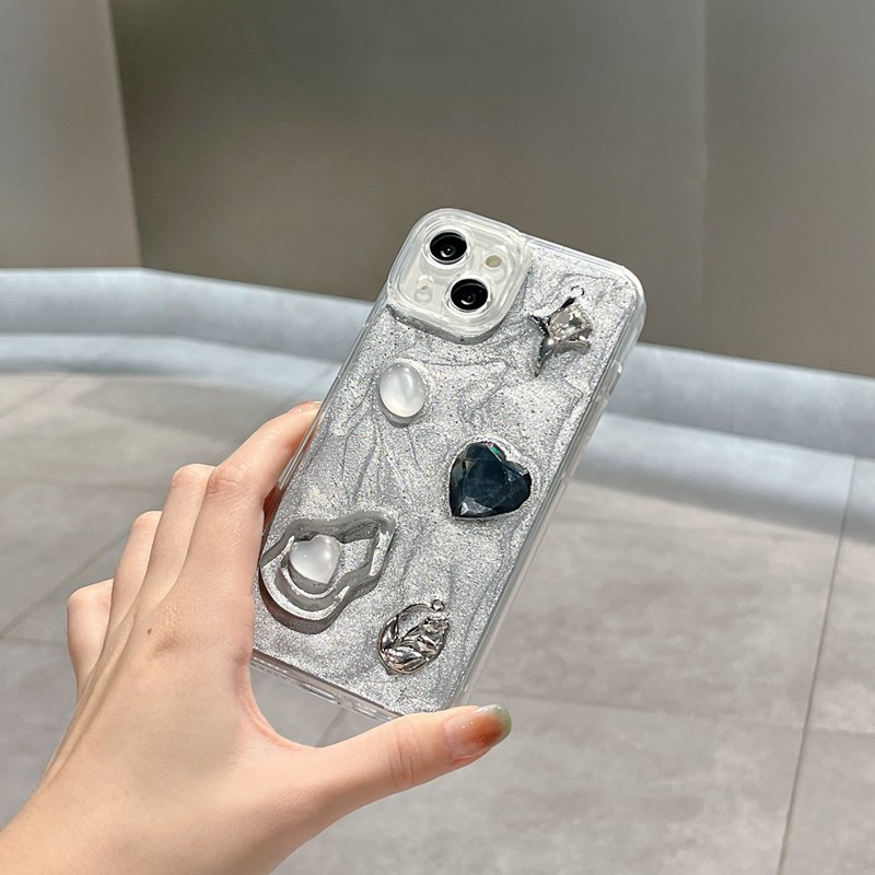 Silver Grey Pigment Diamond Rose Soft TPU Case HP iP iPhone 14 13 12 11 Pro X XS XR Max 7 8 + Plus SE 2020 2022 Drop Glue FTD Casing Apple