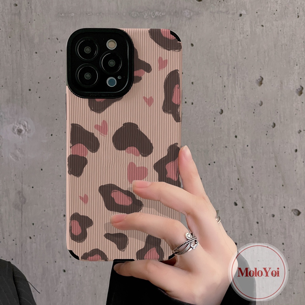 IPHONE Ins Cinta Hati Shockproof Case Kompatibel Untuk Iphone11 13 12 14 Pro MAX 7Plus XR X XS Max7 8 Plus Merek Trendi Leopard Jahitan Kontras Penutup Tekstur Kulit