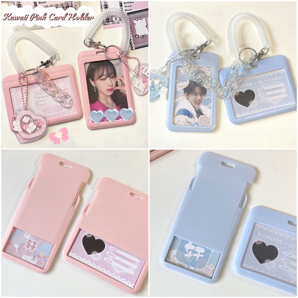 Korean Ins Pink&amp;Cream Blue Card Holder Tahan Air Pelindung Case Dengan Liontin Mengkilap Gantungan Kunci Untuk Kredit ID Card Idol Photocard Holder