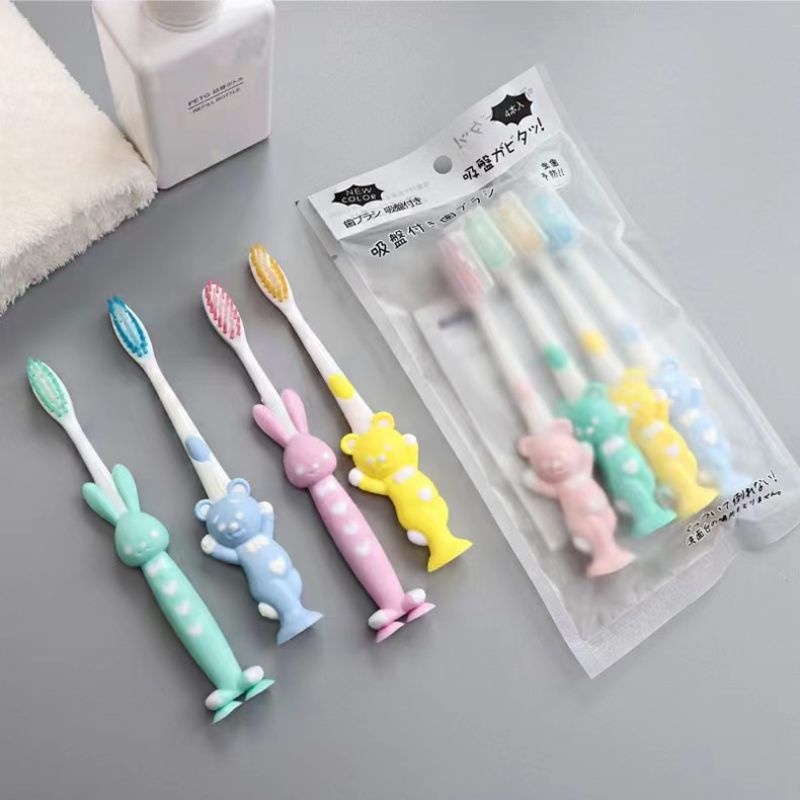 AMSELLER - Sikat Gigi Anak 1 SET 4 PCS Extra Soft Tavel  / Toothbrush Double Care Sikat Gigi Halus &amp; Lembut Karakter Kelinci Beruang Import