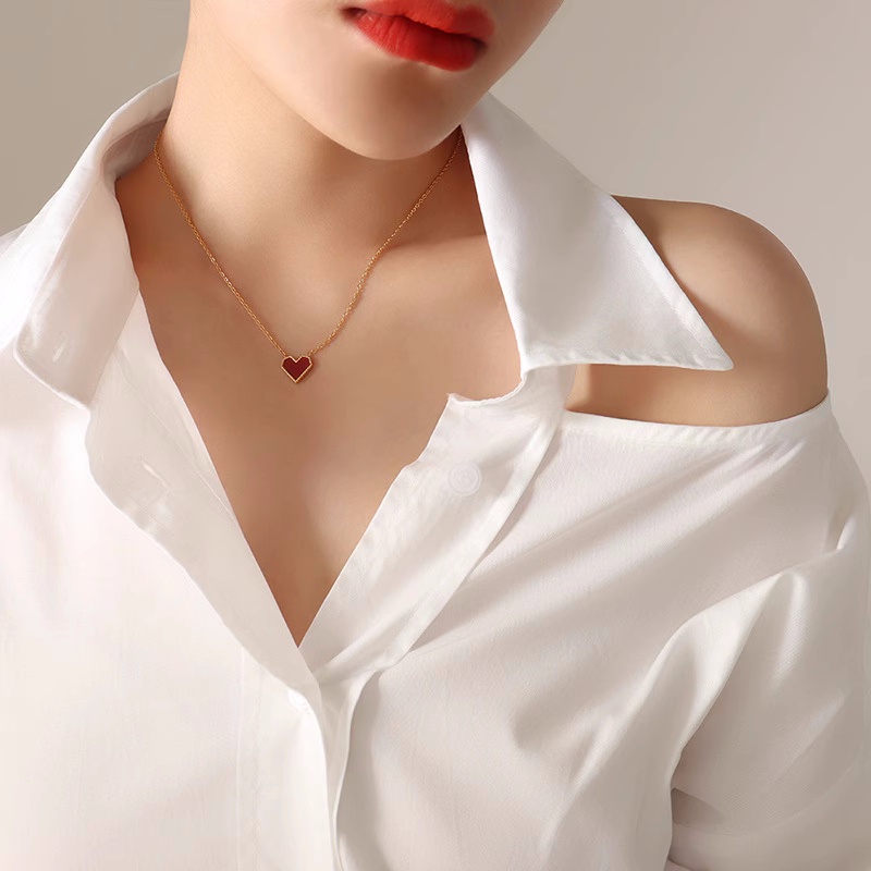 Kalung titanium Anti Karat Wanita Emas 18K vintage Merah love Hati Rantai Tulang Selangka