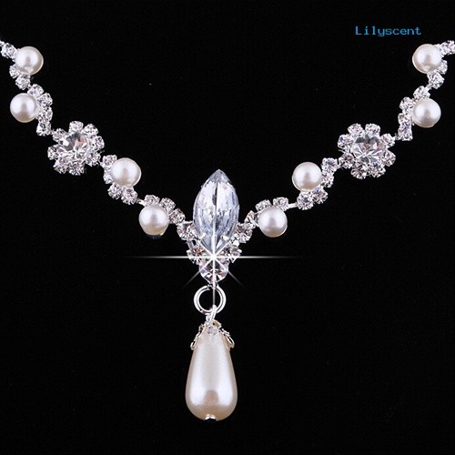 [LS]Bridal Pernikahan Imitasi Mutiara Berlian Imitasi Kalung Set Anting Tetes Air