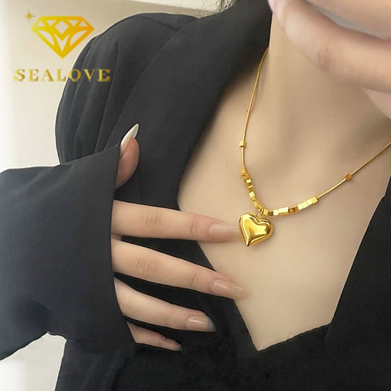 Kalung Titanium Wanita Hati Cantik Mewah Emas 18K Anti Karat Korea Fashion Aksesoris Wanita Perhiasan