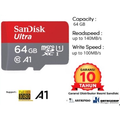 Memory Card Micro SD 64GB Sandisk Ultra UHS-I A1 up to 120Mbps - Speed 140Mbps