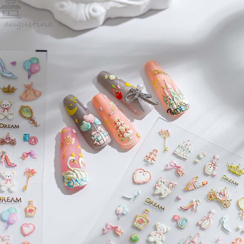 AUGUSTINA Agustina Kartun Stiker Kuku Wanita Kucing Strawberry Manicure Aksesoris Cinta Hati Beruang Nail Art Dekorasi