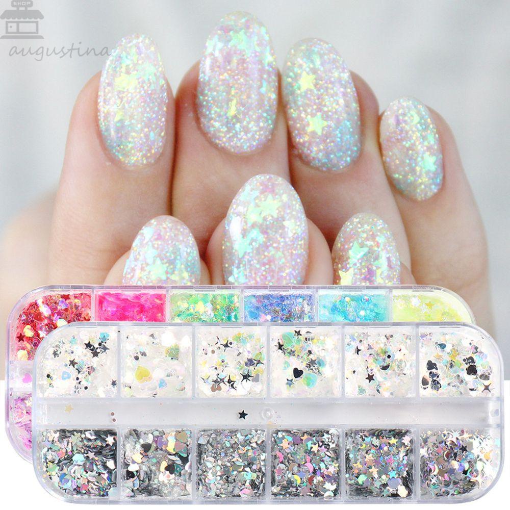 AUGUSTINA Agustina Hexagon Nail Sequin Laser Mermaid Shiny Love Heart Star Manicure Nail Art Dekorasi Geometris Seni Tubuh Sequin