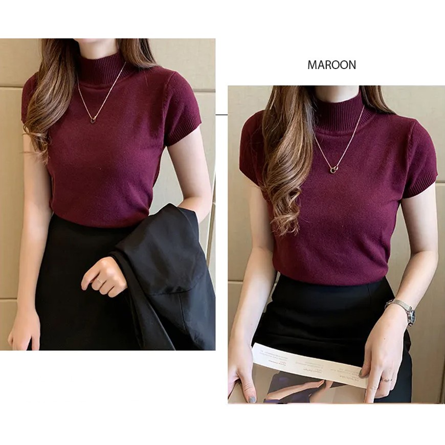 Blouse lengan pendek knit kerah tinggi