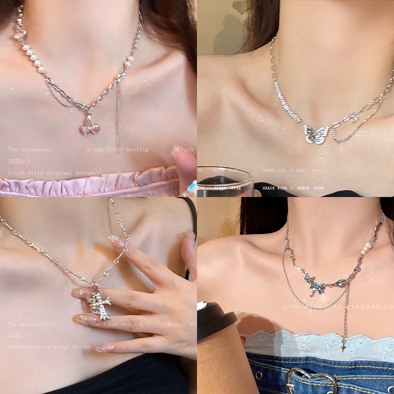 Musim Gugur Gaya Jepang Korea Kalung Perempuan Logam Hip-Hop Kalung Manis Keren Gaya Punk Klavikula Rantai Perempuan Mutiara Logam High-End