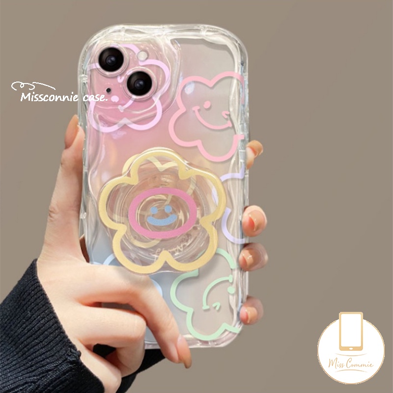 IPHONE Ins Korea Colorful Graffiti Kartun Smiley Fresh Flowers Holder Bracket Case Kompatibel Untuk Iphone14 11 13 12 Pro Max 7-8 6 6s Plus XR X XS Max SE 2020 3D Wavy Curved Edge Case