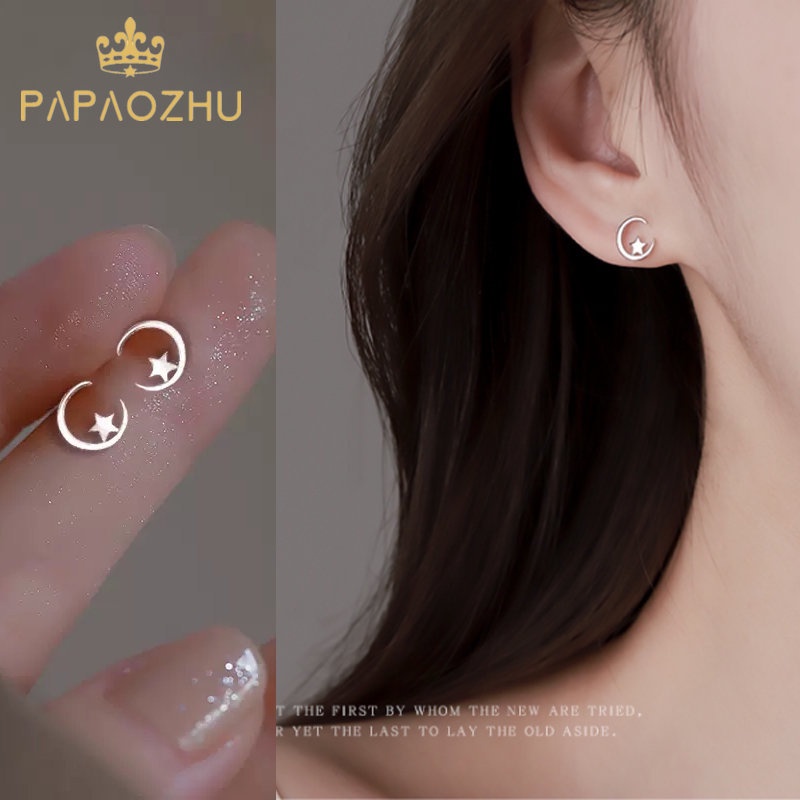 Papaozhu Trendi s925 Perak Bintang Bulan Kecil Stud Anting-Anting Untuk Wanita Perempuan Korea Kecil Bulat Anting-Anting Hypoallergenic Telinga Perhiasan