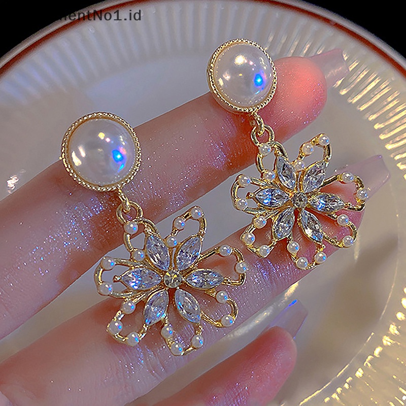 [AdornmentNo1] 1pasang Fashion anting mutiara warna perak bunga liontin anting perhiasan Alloy All-Match temperamen Ear Stud untuk wanita hadiah