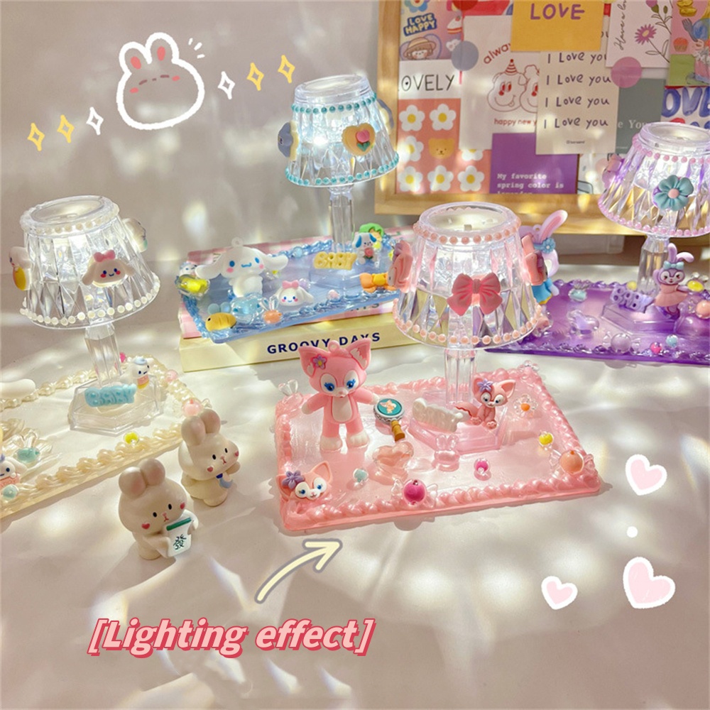 ღ Sanrio Diy Set Lampu Meja Buatan Sendiri Kuromi Melody Suasana Desktop Lampu Malam Sanrio Diy Aksesoris Perhiasan Buatan Tangan Bahan Lem Krim