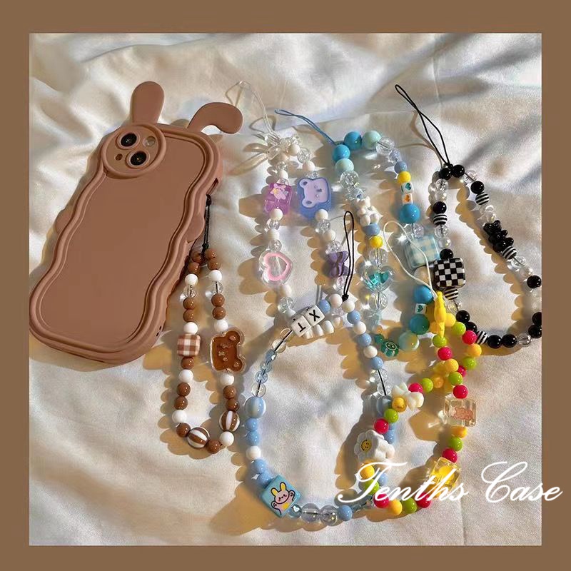 Minimalist Style Cartoon Bear Pattern Shaped Phone Case Universal Hanging Cord Colorful Beaded Chain Convenient Anti Drop Fashion Lanyards