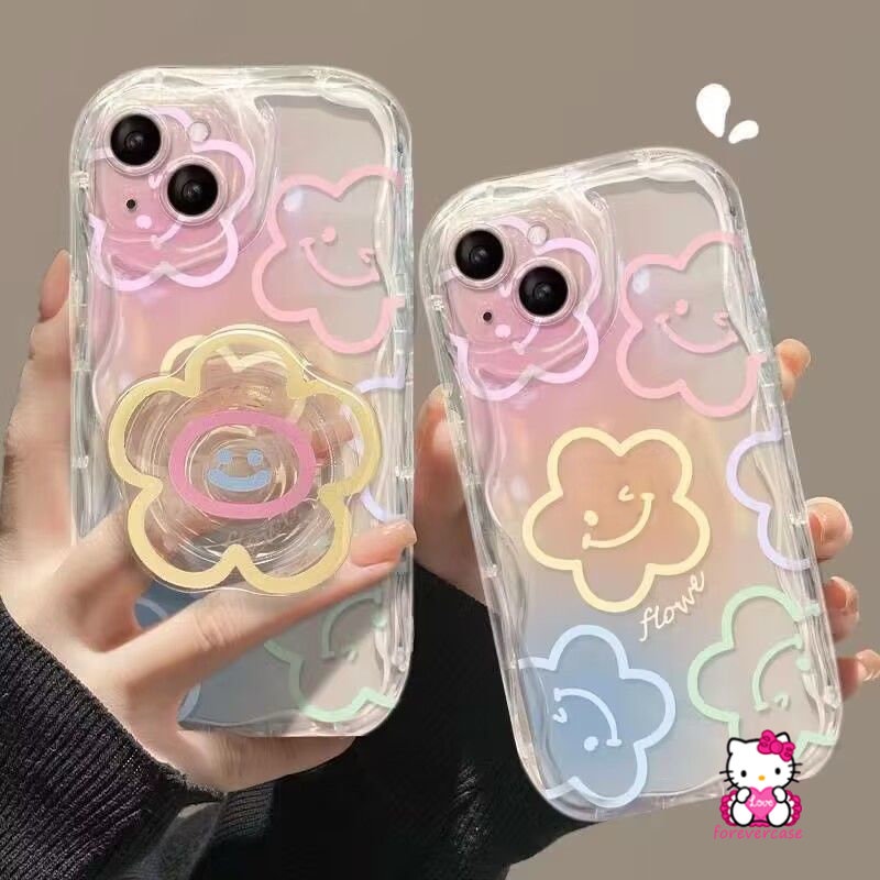 For Redmi Note 11 10 10s 11s 12 10 Pro Max 8 9 Redmi A1 A2 10C 9 9A 9C NFC 9T 10 10A POCO M3 Cartoon Smiley Fresh Flowers Colorful 3D Wavy Curved Edge Graffiti Holder Bracket Case