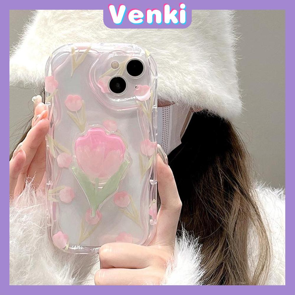 VENKI - Untuk iPhone 11 iPhone Case Clear Curved Edge Wave TPU Soft Shell Shockproof Protection Camera Simple Romantic Tulip Kompatibel dengan iPhone 14 13 Pro max 12 Pro Max 11 xr xs