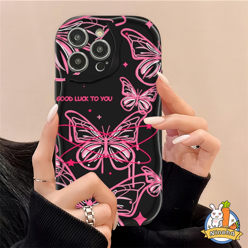 IPHONE Ins Manis Keren Pink Kupu-Kupu Hitam Terang Casing Ponsel Kompatibel Untuk Iphone14 13 12 11 Pro Max X Xr Xs Max8 7 6 6s Plus SE 2020 Bumper Shockproof Tepi Melengkung Lembut Tpu Penutup Belakang