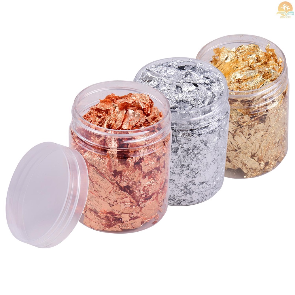 In Stock 5g Per Warna Foil Emas Imitasi Serpihan 3botol Foil Metalik Serpihan Untuk Membuat Perhiasan Resin Kuku Seni Lukisan Kerajinan DIY Dekorasi Rumah Furniture, Gold+Silver+Rose G