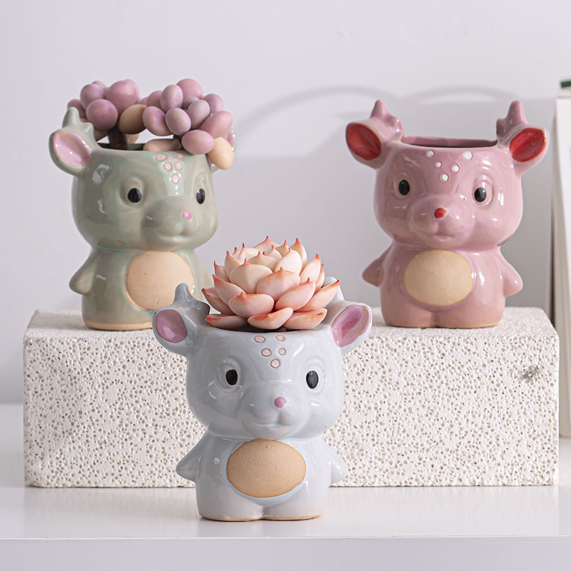 ღ Lucu Rusa Berbentuk Pot Bunga Sukulen Kartun Hewan Pot Bunga Keramik Succulent Planter Berkebun Rumah Succulent Pot Dekorasi Desktop