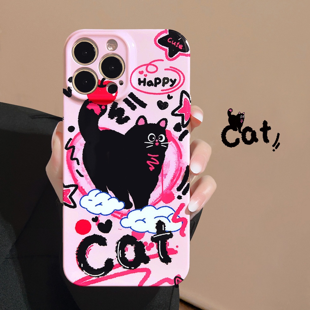 IPHONE Keren Doodle Punk Black Cat Pink Ponsel Hard Case Film Cover Pelindung Untuk Iphone7 8 PLUS X XR XS 11 12 13 14 PRO MAX SE