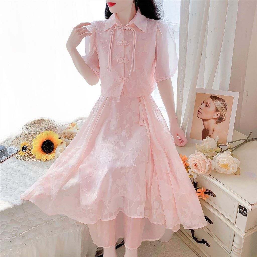 New cheongsam buckle top strap dress two-piece set