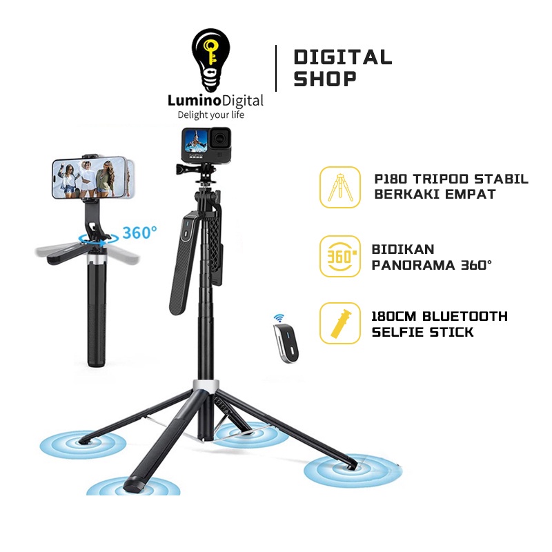 MOTOQIA P180 Tongsis Tripod Bluetooth Selfie Stick Remote Tripod Bracket penstabil empat kaki HP 360 ° Rotation 180cm Dengan 1/4 Adaptor
