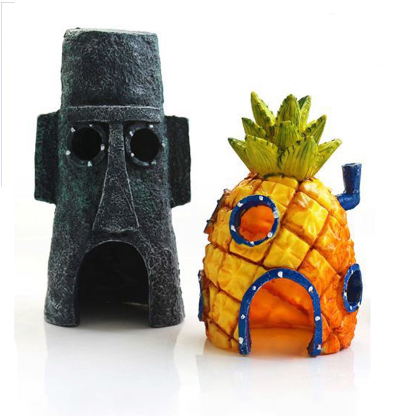 Hiasan Akuarium Rumah Spongebob / Rumah Squidward Decoration / Hiasan Aquascape / Ornamen Kartun
