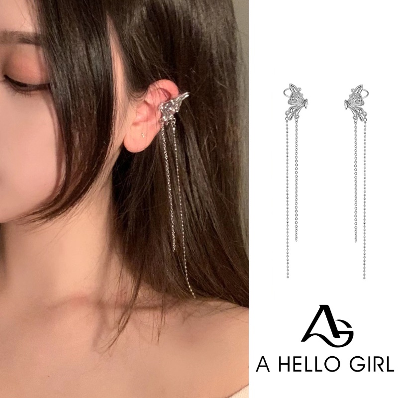 Anting Klip Telinga Model Butterfly Aksen Rumbai Untuk Wanita