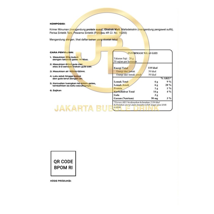 

Bubuk Minuman Premium Taro 1Kg || Jakarta Bubble Drink - 500 gram