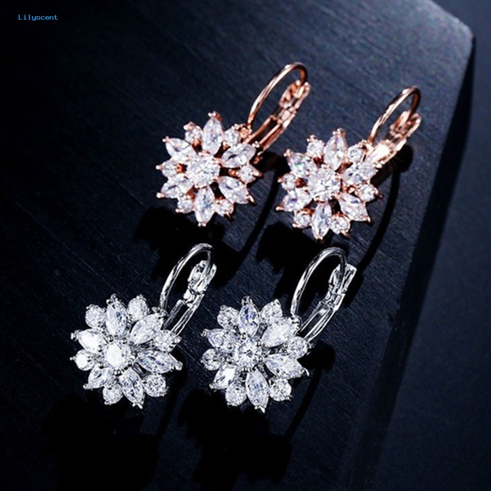 Lilyscent Cubic Zirconia Hias Bunga Matahari Menjuntai Leverback Anting Chic Lady Perhiasan Hadiah