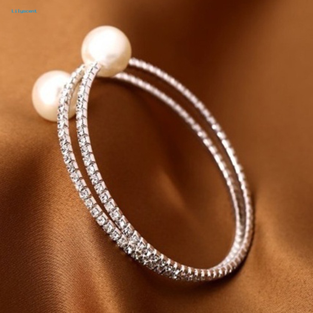 Lilyscent Wanita Penuh Berlian Imitasi Multi-layer Gelang Pergelangan Tangan Mutiara Imitasi Cuff Open Bangle