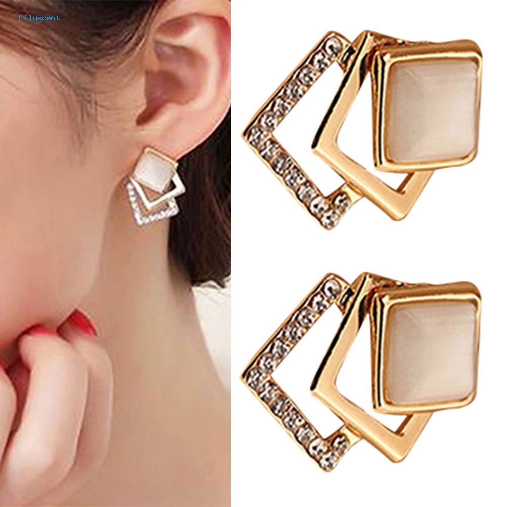 Lilyscent 1pasang Wanita Fashion Elegan Ear Stud Berongga Persegi Perhiasan Nada Emas Anting