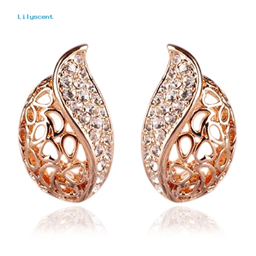 Lilyscent 1pasang Fashion Wanita/'s Lady Berongga Daun Berlian Imitasi Ear Stud Earrings Golden Tone