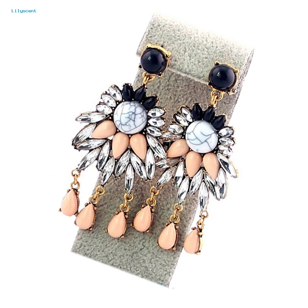 Lilyscent Retro Wanita Kristal Berlian Imitasi Bunga Menjuntai Studs Earrings Pernyataan Perhiasan