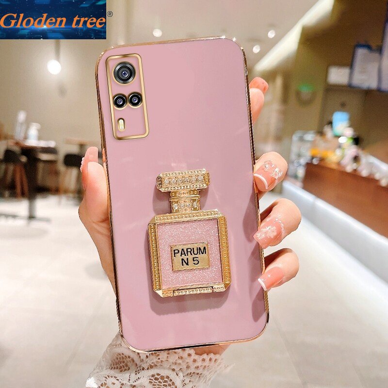 Casing Case Pohon Gloden Untuk Vivo Y53S 4G Y52 5G Y55 5G Y51 2020 Y51A 2021 Y50 Y66 Y65 Case Dengan Botol Parfum Kickstand Lipat Cakupan Penuh Case Kamera