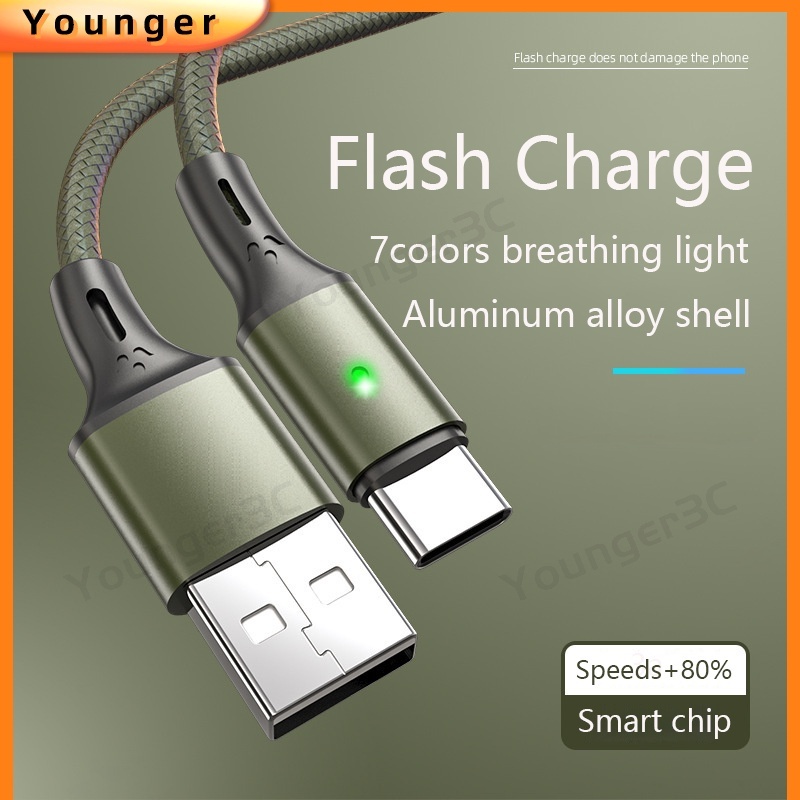 Lampu Pernafasan Warna-Warni Kabel Pengisian Cepat Anyaman Nilon 3A Flash Charging Kabel Data alloy Usb Ke Tipe-c Android ios Data Line