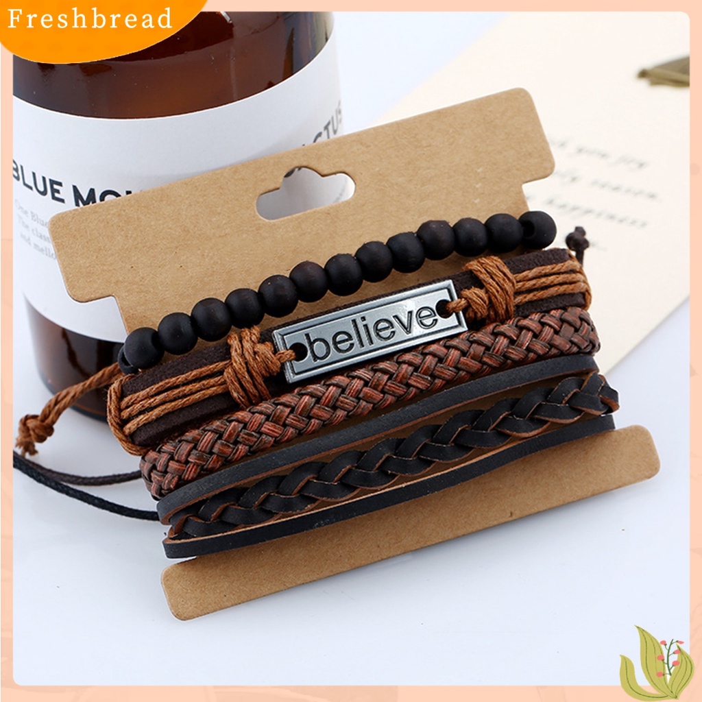 &lt; Freshbread &gt; 4Pcs/Set Pria Fashion Adjustable Kulit Imitasi Tali Dikepang Percaya Huruf Gelang Manik-Manik