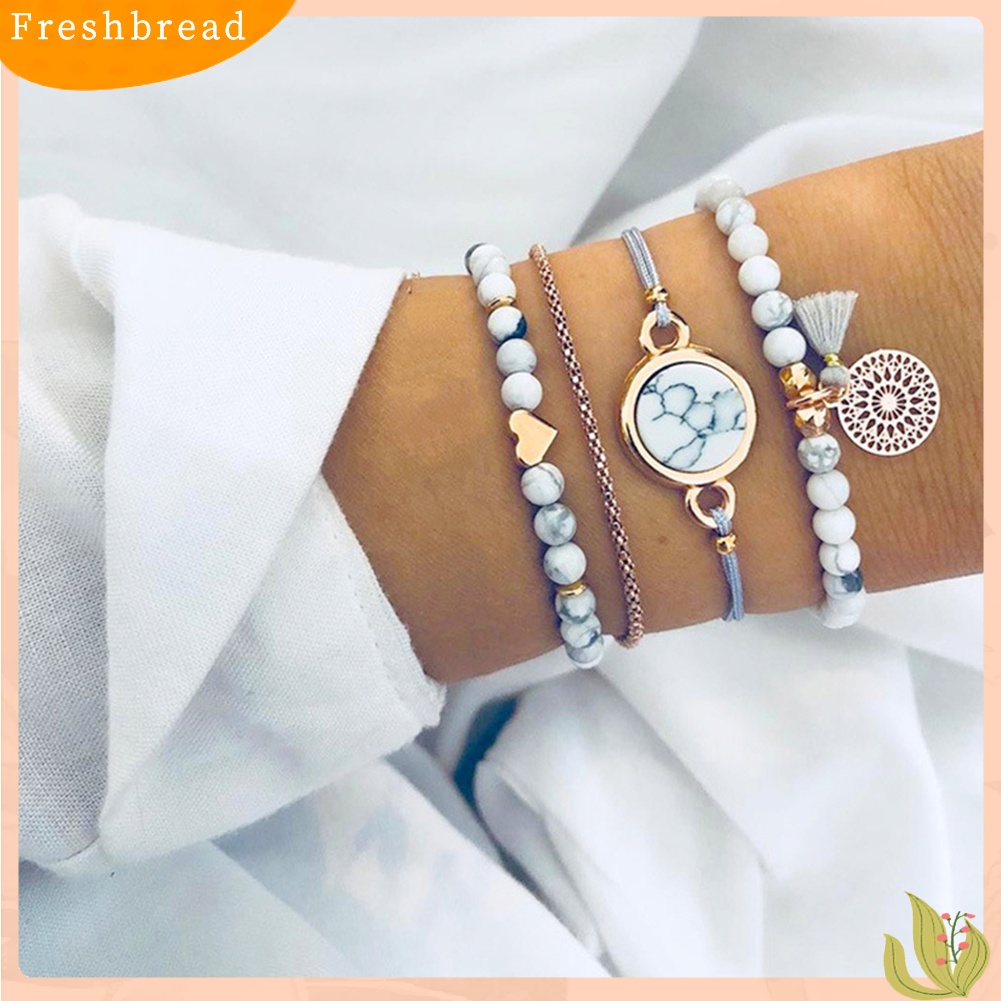 &lt; Freshbread &gt; 4Pcs Wanita Manik-Manik Pirus Imitasi Rumbai Pesona Gelang Bangle Set Perhiasan Hadiah