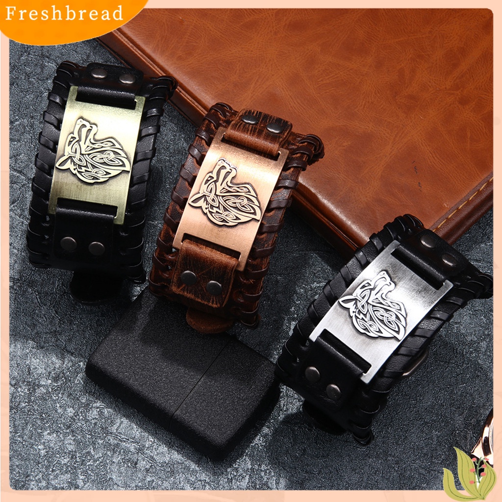 &lt; Freshbread &gt; Pria Bangle Lebar Yang Dapat Disesuaikan Dikepang Kulit Imitasi Hadiah Paduan Retro Hewan Kepala Manset Gelang Perhiasan Aksesoris