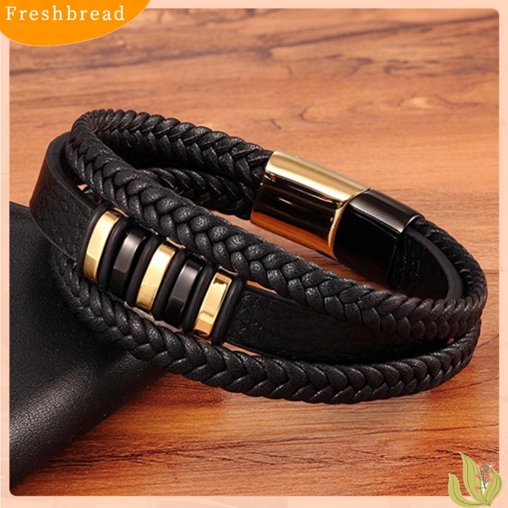 &lt; Freshbread &gt; Pria Gelang Tenun Tangan Multi Layer Tahan Aus Hias Gesper Menghias Pasangan 3lapis Gaya Punk Kulit Imitasi Gelang Pria Perhiasan