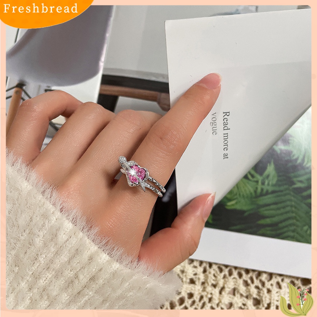 &lt; Freshbread &gt; Wanita Cincin Lapisan Ganda Desain Terbuka Yang Dapat Disesuaikan Eye-catching All-match Perhiasan Hadiah Merah Muda Kristal Imitasi Wanita Panah Melalui Jantung Jari Cincin
