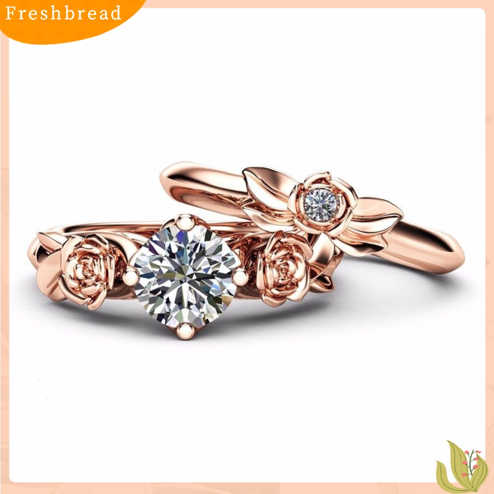 &lt; Freshbread &gt; 2Pcs Fashion Bunga Mawar Cincin Set Berlian Imitasi Wanita Pesta Pertunangan Perhiasan