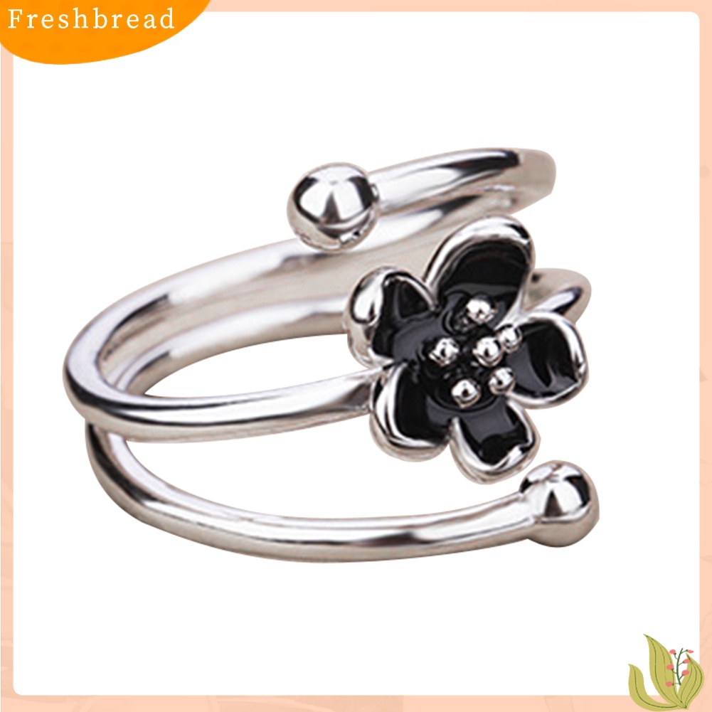 &lt; Freshbread &gt; Fashion Wanita Enamel Bunga Hitam Pembukaan Yang Dapat Disesuaikan Jari Cincin Perhiasan Hadiah