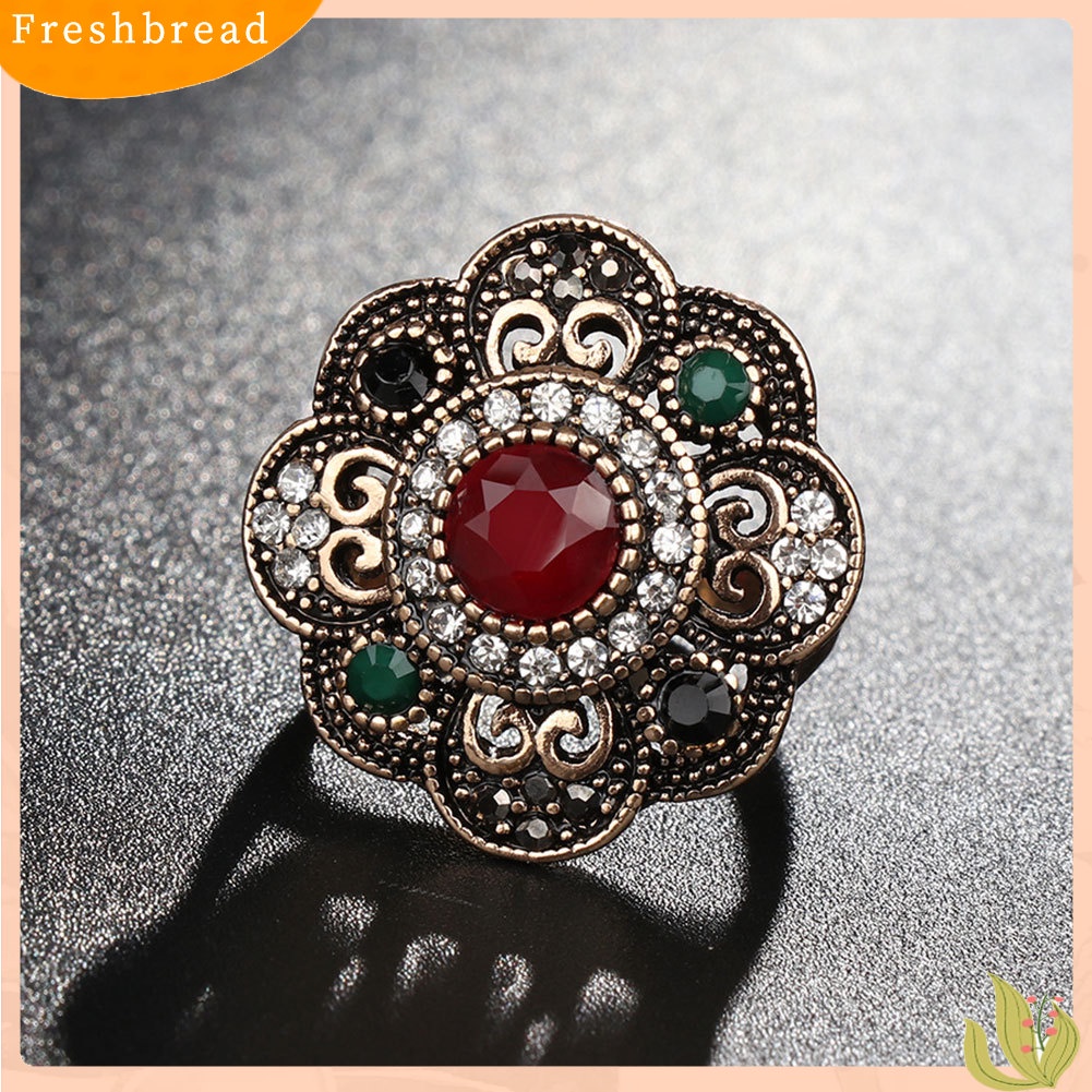 &lt; Freshbread &gt; Vintage Wanita Berongga Bunga Berlian Imitasi Pernyataan Cincin Perhiasan Pesta Cocktail