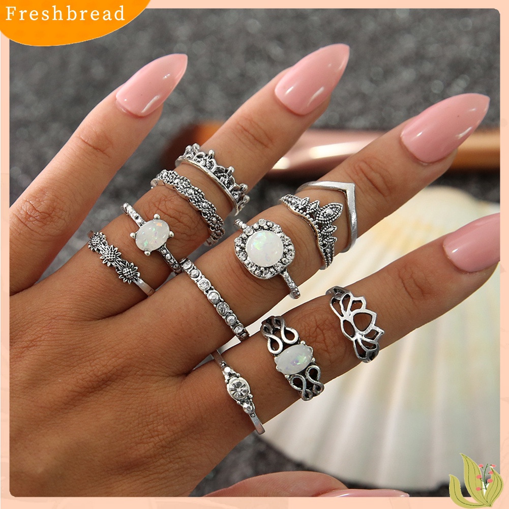 &lt; Freshbread &gt; 11 Pcs Wanita Set Perhiasan Imitasi Opal Berlian Imitasi Knuckle Susun Bersama Rings Band
