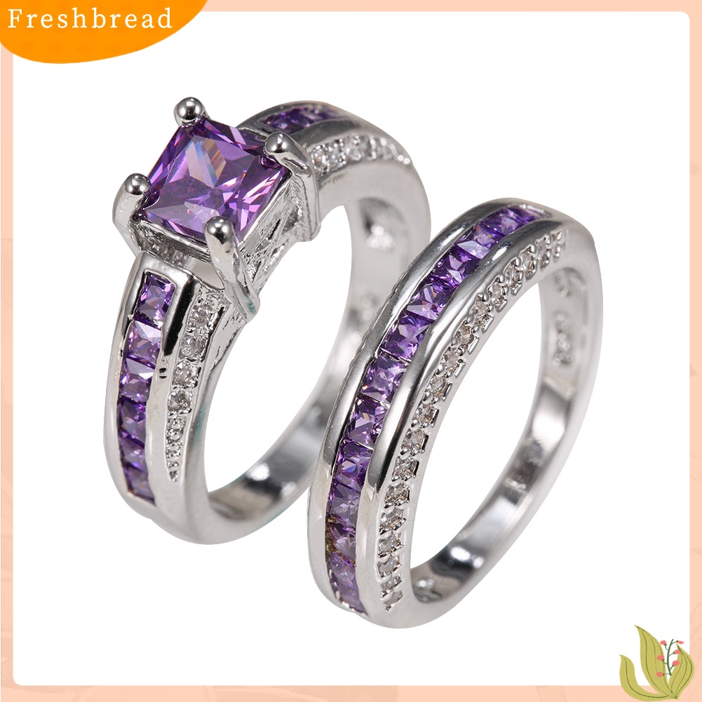 &lt; Freshbread &gt; 2Pcs Perhiasan Putri Persegi Imitasi Amethyst Hias Berlian Imitasi Pernikahan Cincin Band