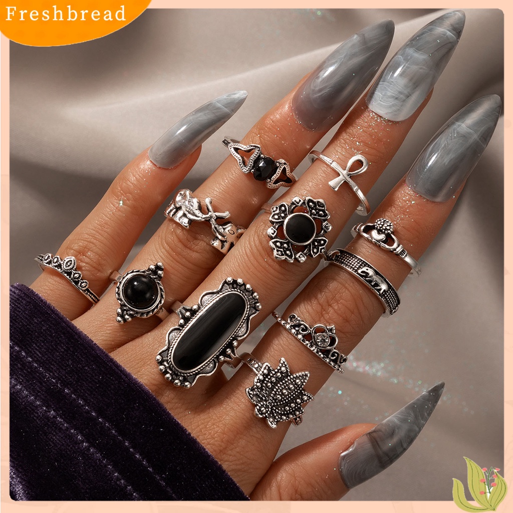 &lt; Freshbread &gt; 11Pcs/set Cincin Buku Jari Jantung Dapat Ditumpuk Paduan Bohemia Hitam Permata Imitasi Jari Rings Perhiasan Aksesori