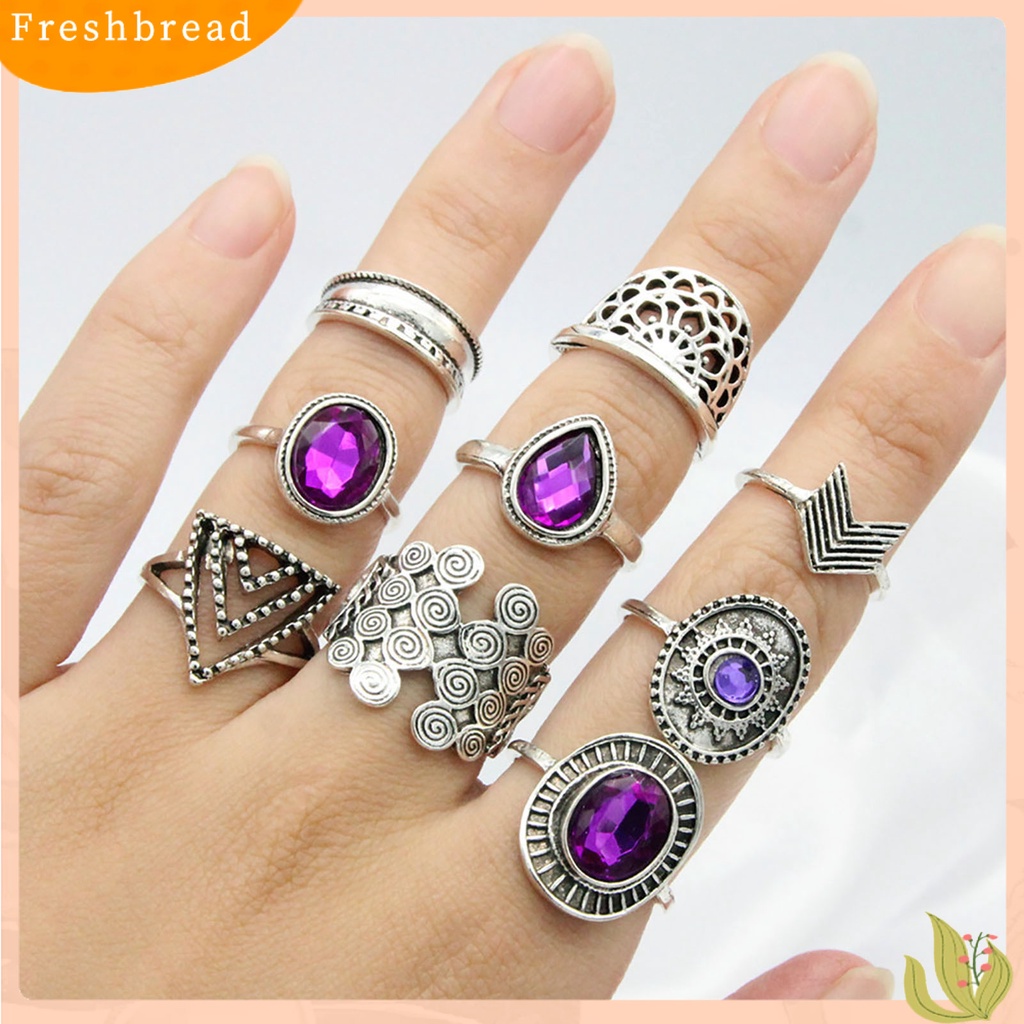 &lt; Freshbread &gt; 9Pcs/set Water Drop Stackable Knuckle Rings Alloy Bohemia Ungu Permata Imitasi Jari Rings Perhiasan Aksesori