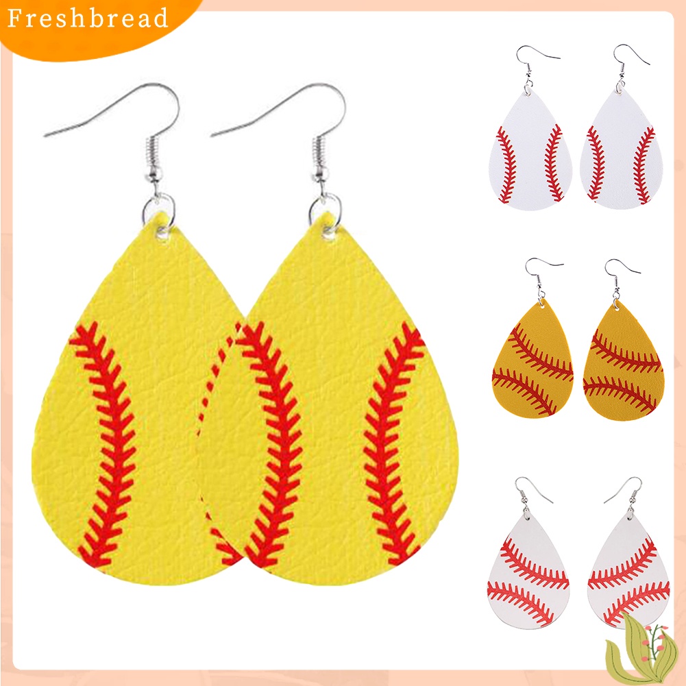 &lt; Freshbread &gt; Fashion Wanita Pola Bisbol Teardrop Menjuntai Kulit Imitasi Kait Anting Hadiah